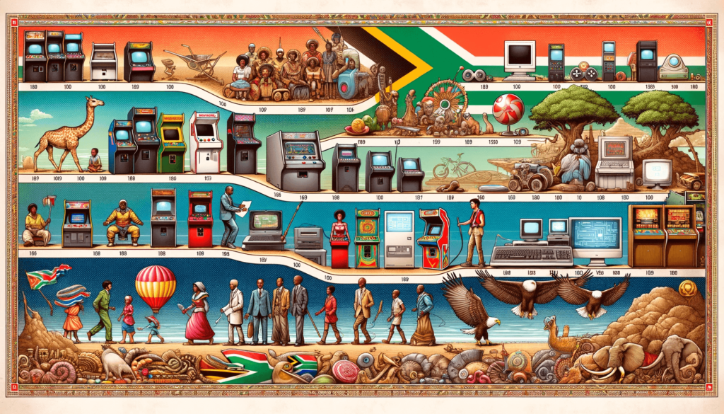 Infographic depicting the historical progression of gaming in South Africa from arcade machines to online casinos with cultural icons.